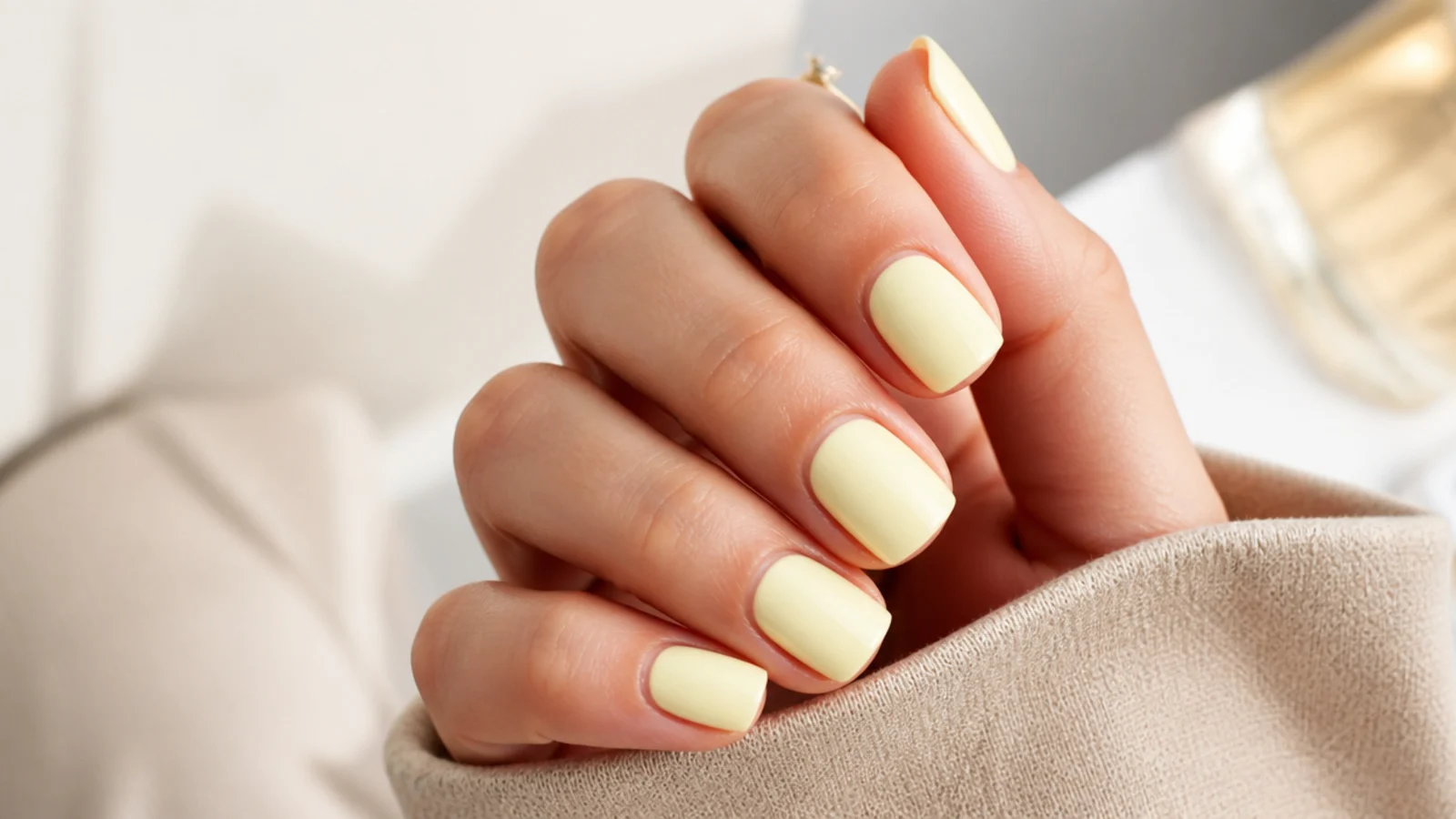 Short square nails in soft buttery pale yellow cream polish with a milky finish