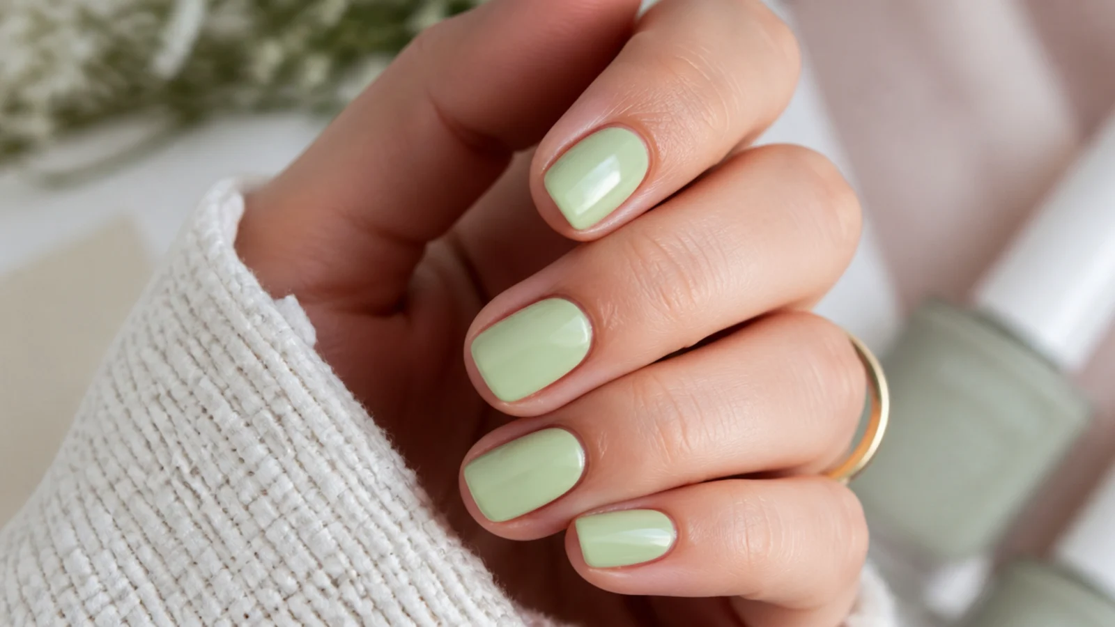Short nails in soft pistachio green pastel cream polish with an even matte-free gloss