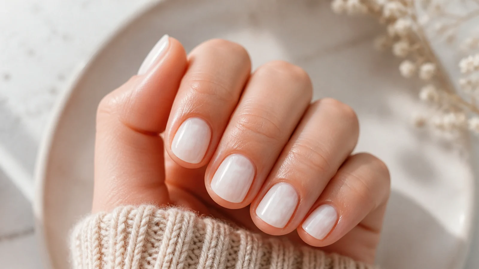 Short nails in milky translucent white polish with a soft cloudy finish and neat cuticles