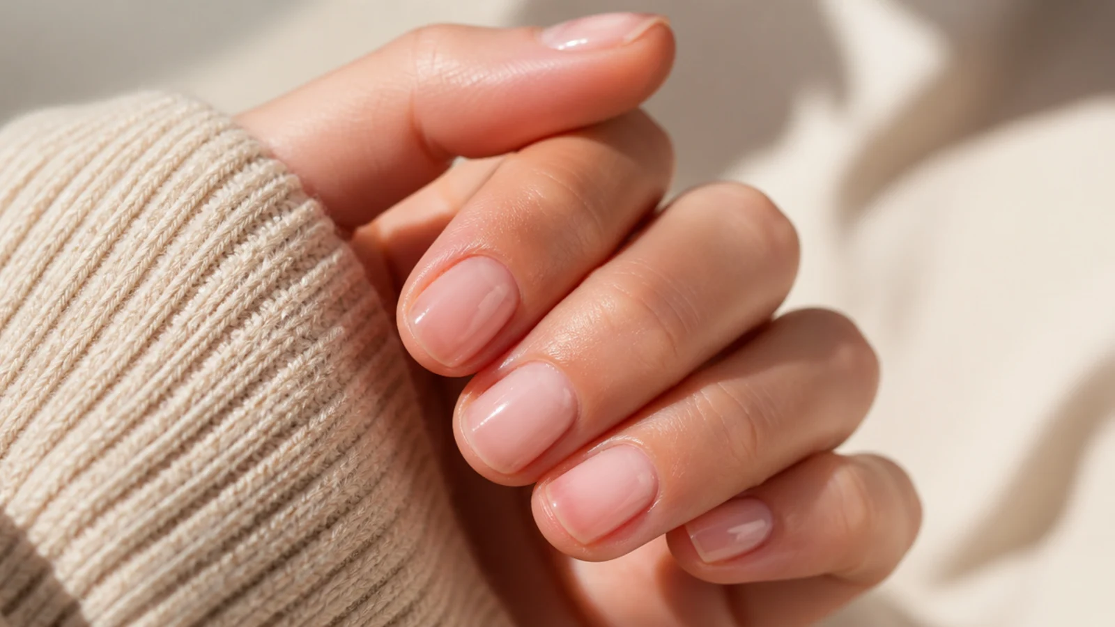Short nails in soft milky pink translucent polish with a glossy clean finish