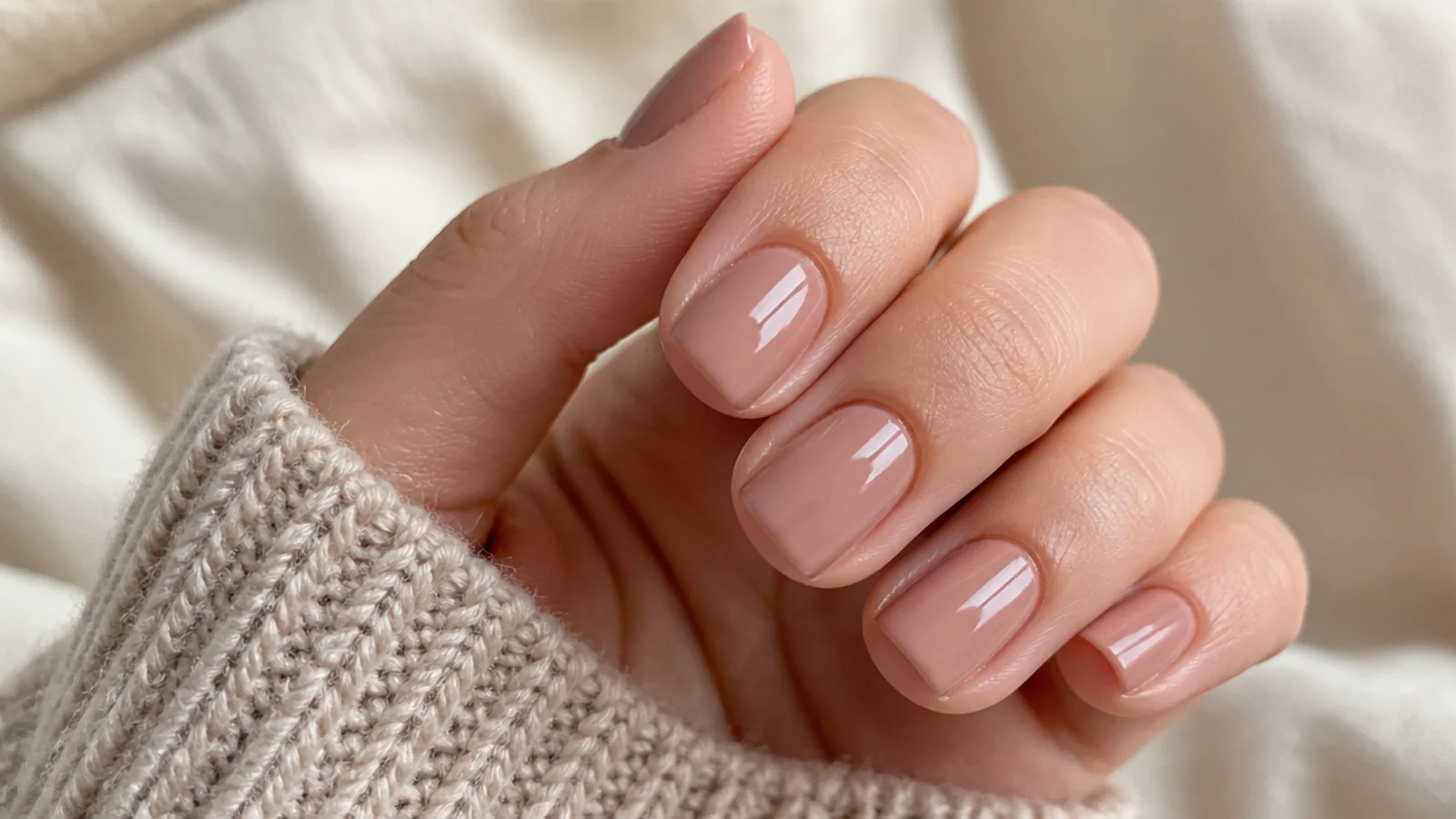 Short square nails in warm rosy beige nude polish with a smooth glossy finish