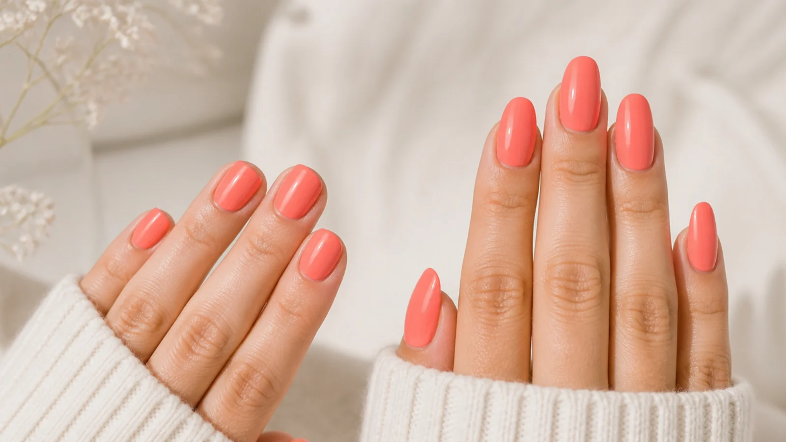 Short nail and long nail compared side by side both painted in the same bright coral polish