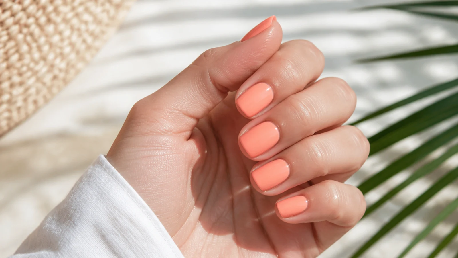 Short square nails painted in coral cream polish with a glossy finish against a pale summer background