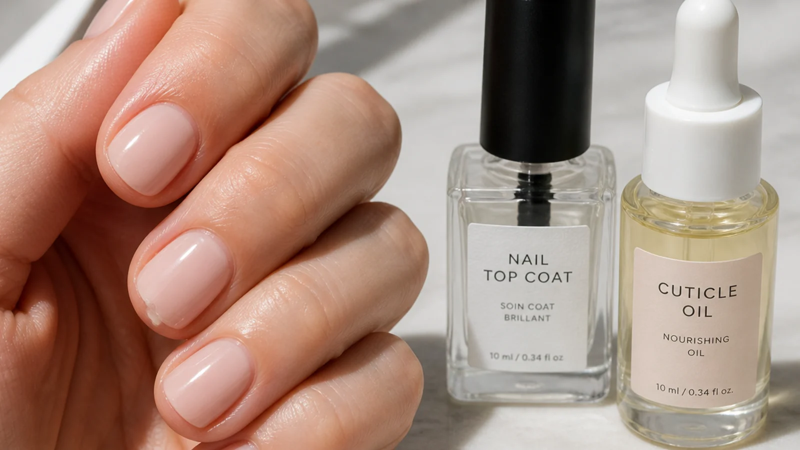 Close-up of a short nail with a chipped tip beside a bottle of top coat and cuticle oil
