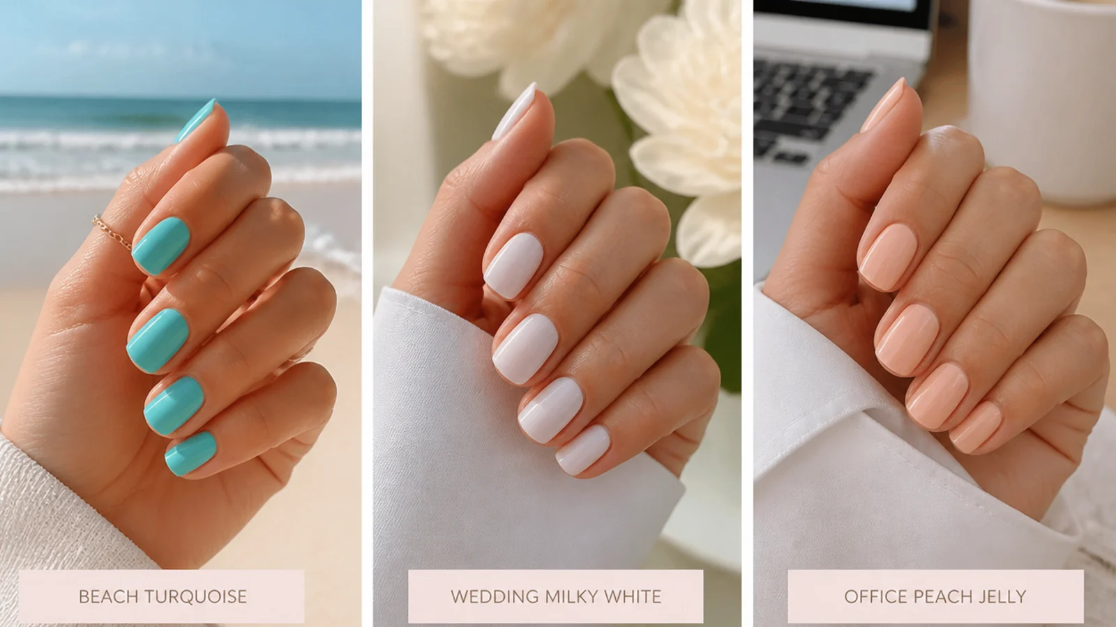Three short-nail manicures shown for beach turquoise, wedding milky white and office peach jelly