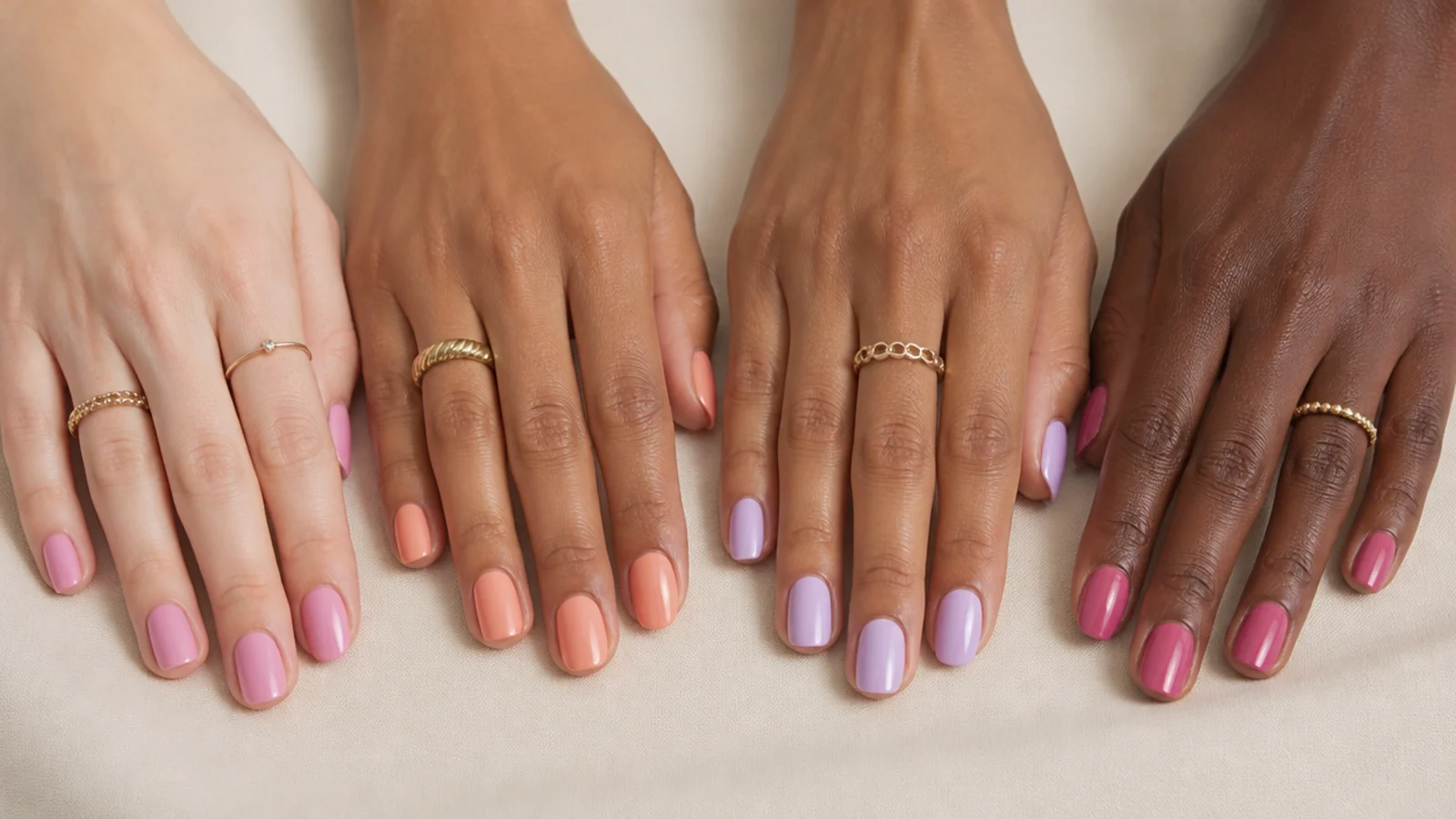 Four short-nailed hands in fair, medium, olive and deep skin tones each in a different summer shade