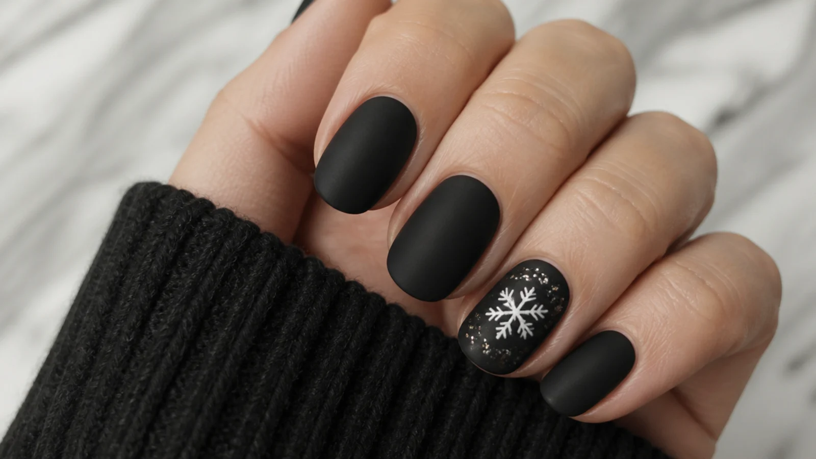 Matte black nails with a single white snowflake and glossy top-coat flake