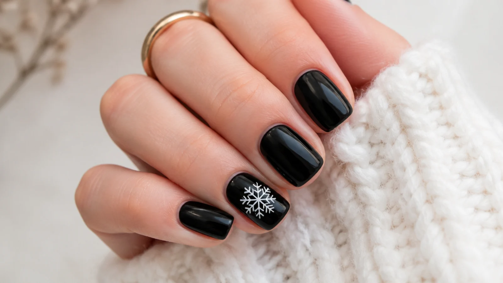 Solid black short nails with one white snowflake on the ring finger