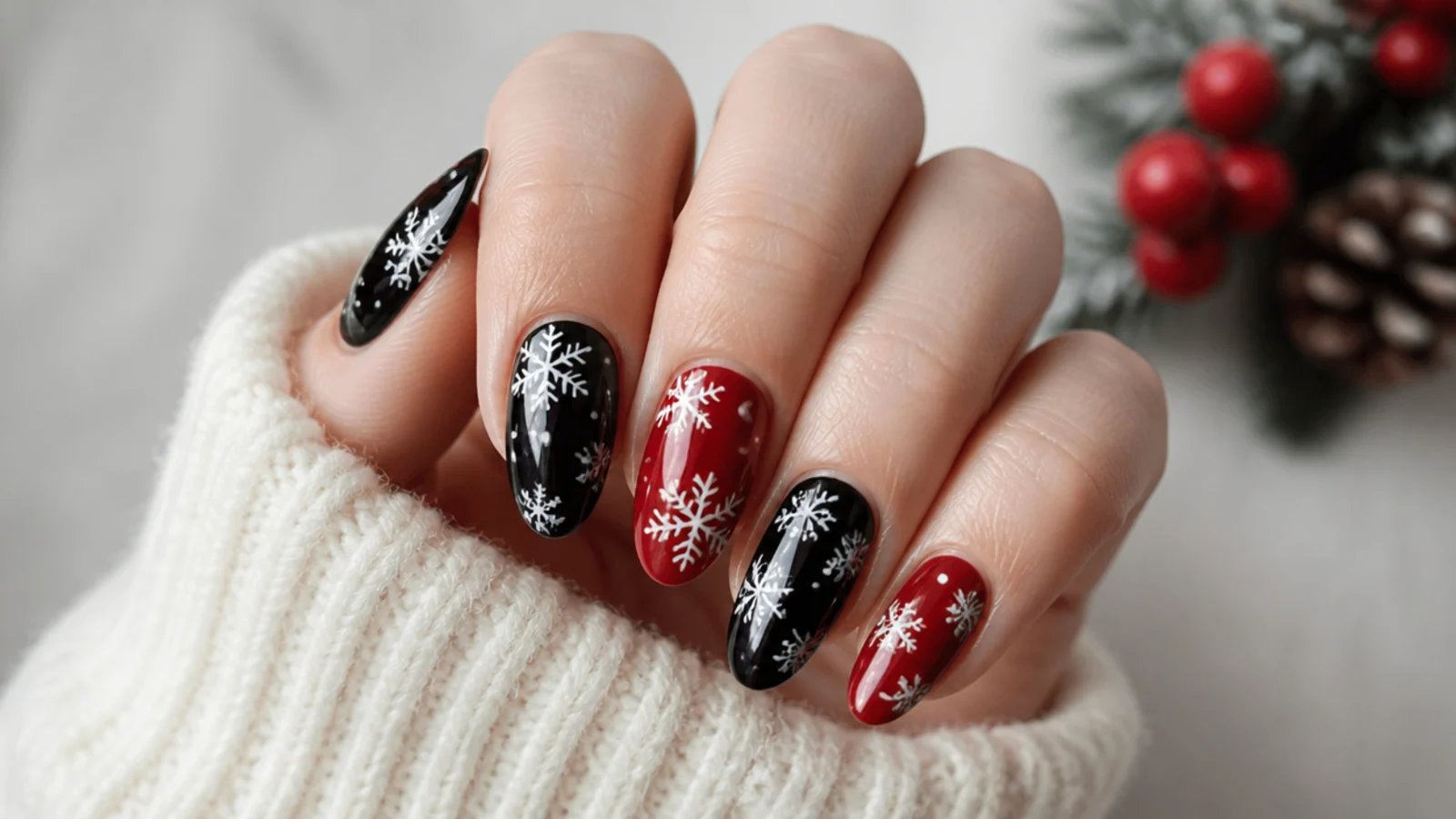Black and red nails with white snowflakes for a festive Christmas set