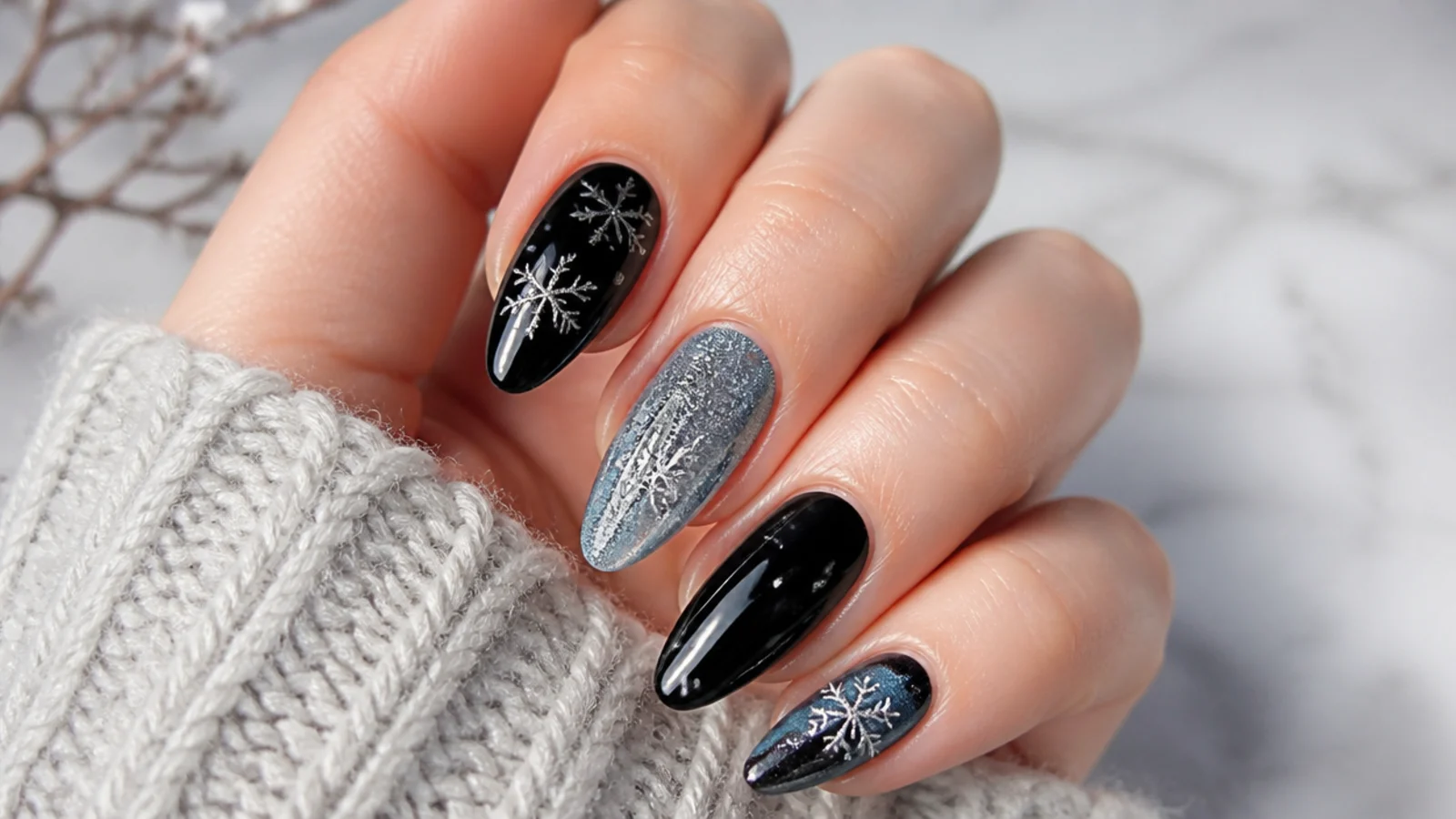 Black nails with icy blue accents and silver snowflakes on almond shape