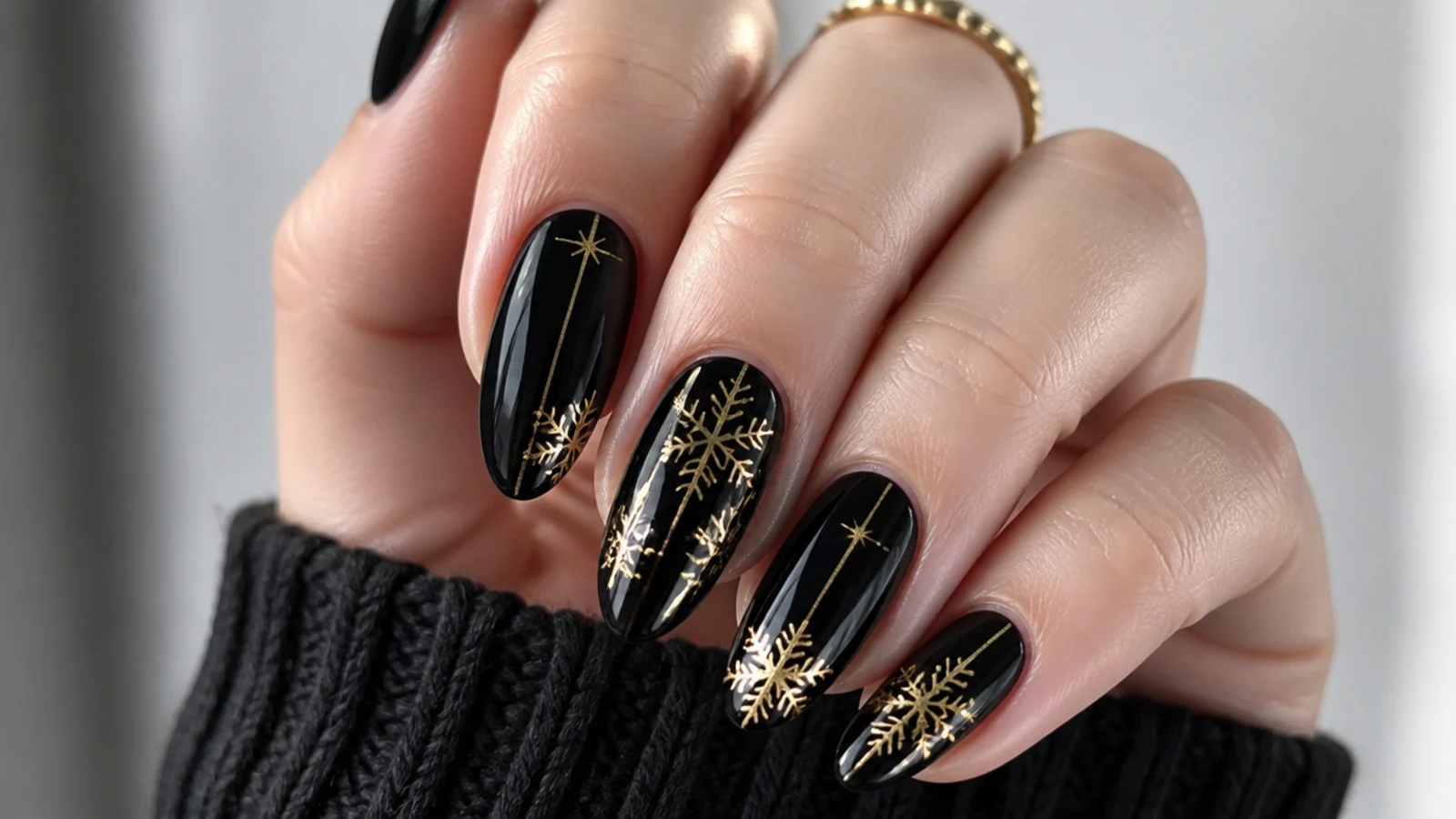 Glossy black nails with fine gold snowflakes and gold accent lines