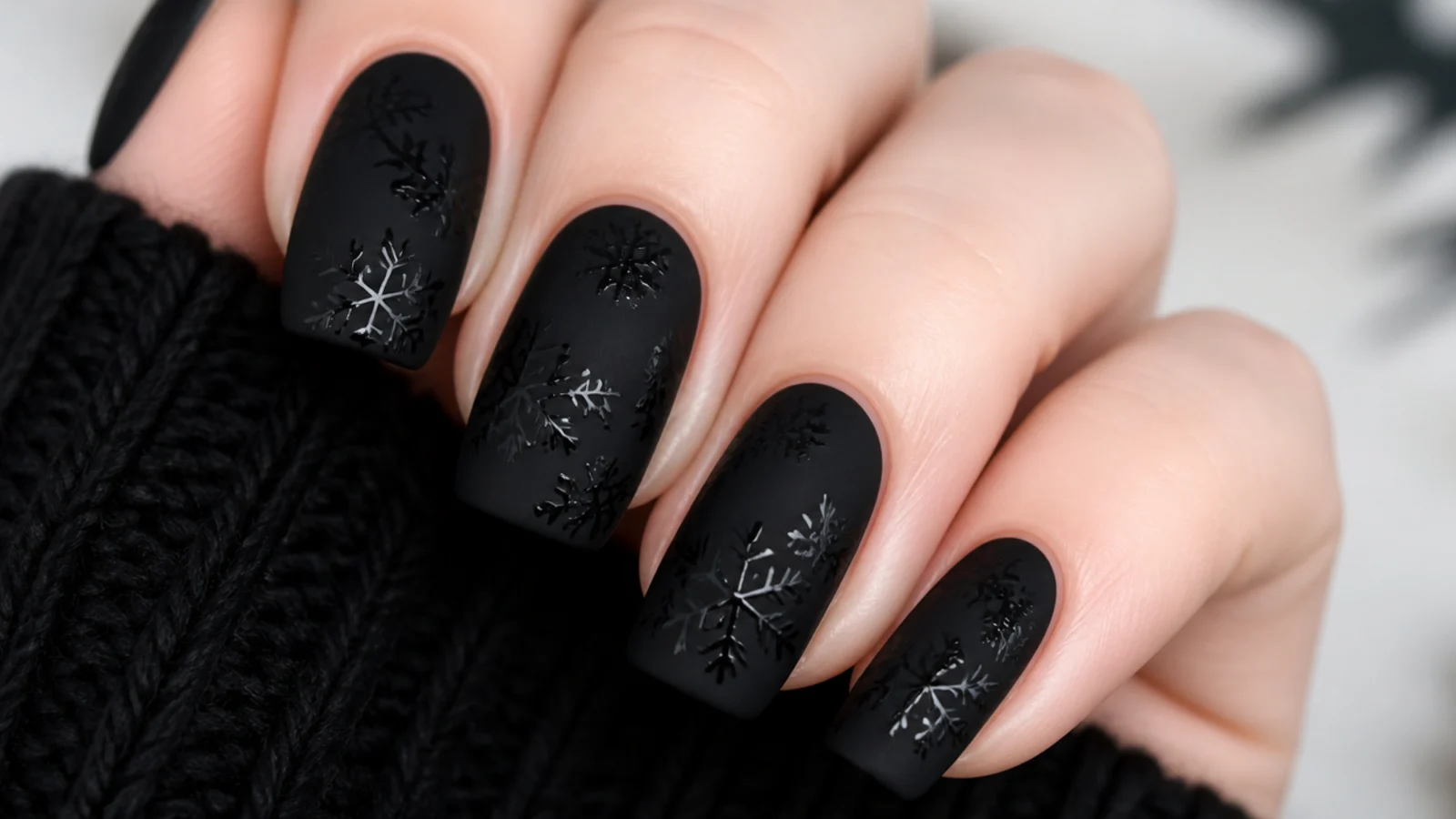 Matte black nails with shiny clear-gloss snowflakes catching the light