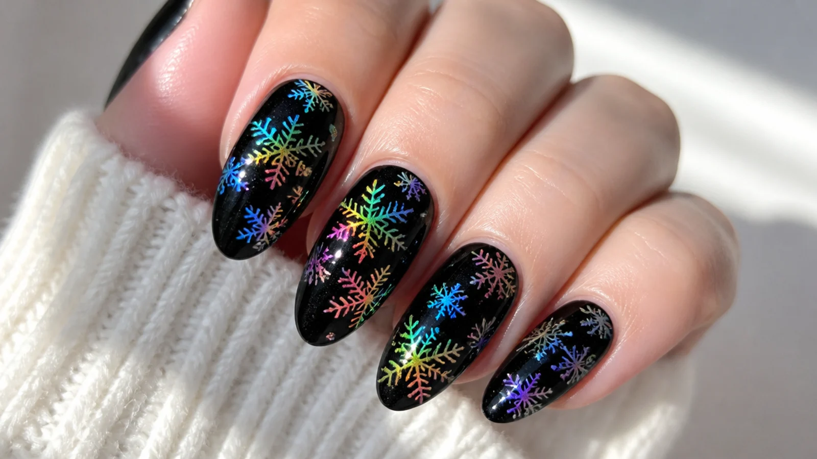 Black nails with rainbow holographic snowflakes shifting color in light