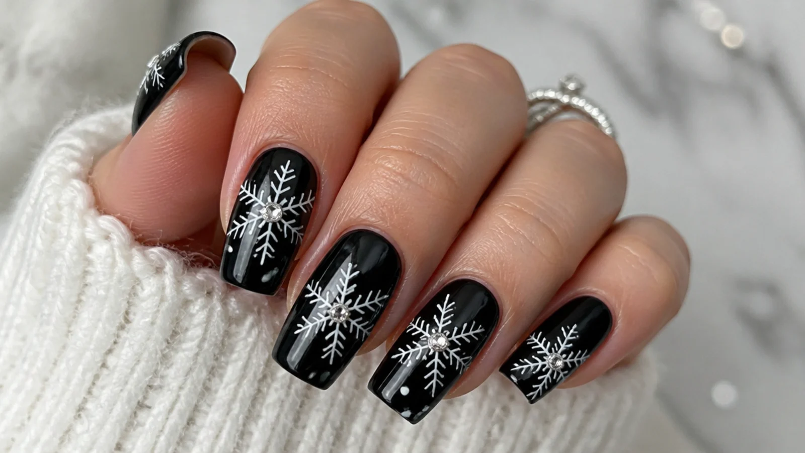 Black nails with white snowflakes and clear crystal rhinestone centers