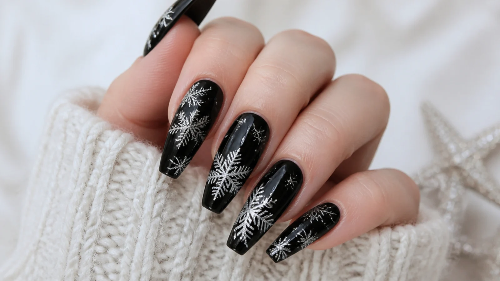 Long black coffin nails with large detailed white and silver snowflakes