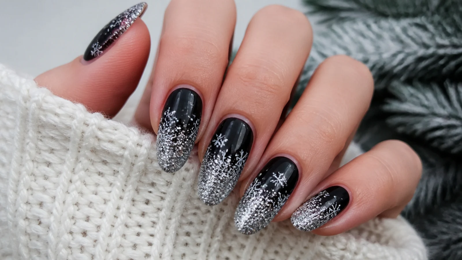 Black nails fading to silver glitter at the tips with white snowflakes