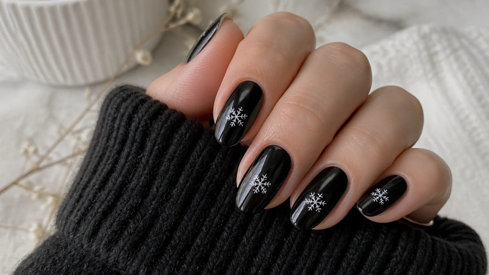Glossy black nails with one very small delicate white snowflake each
