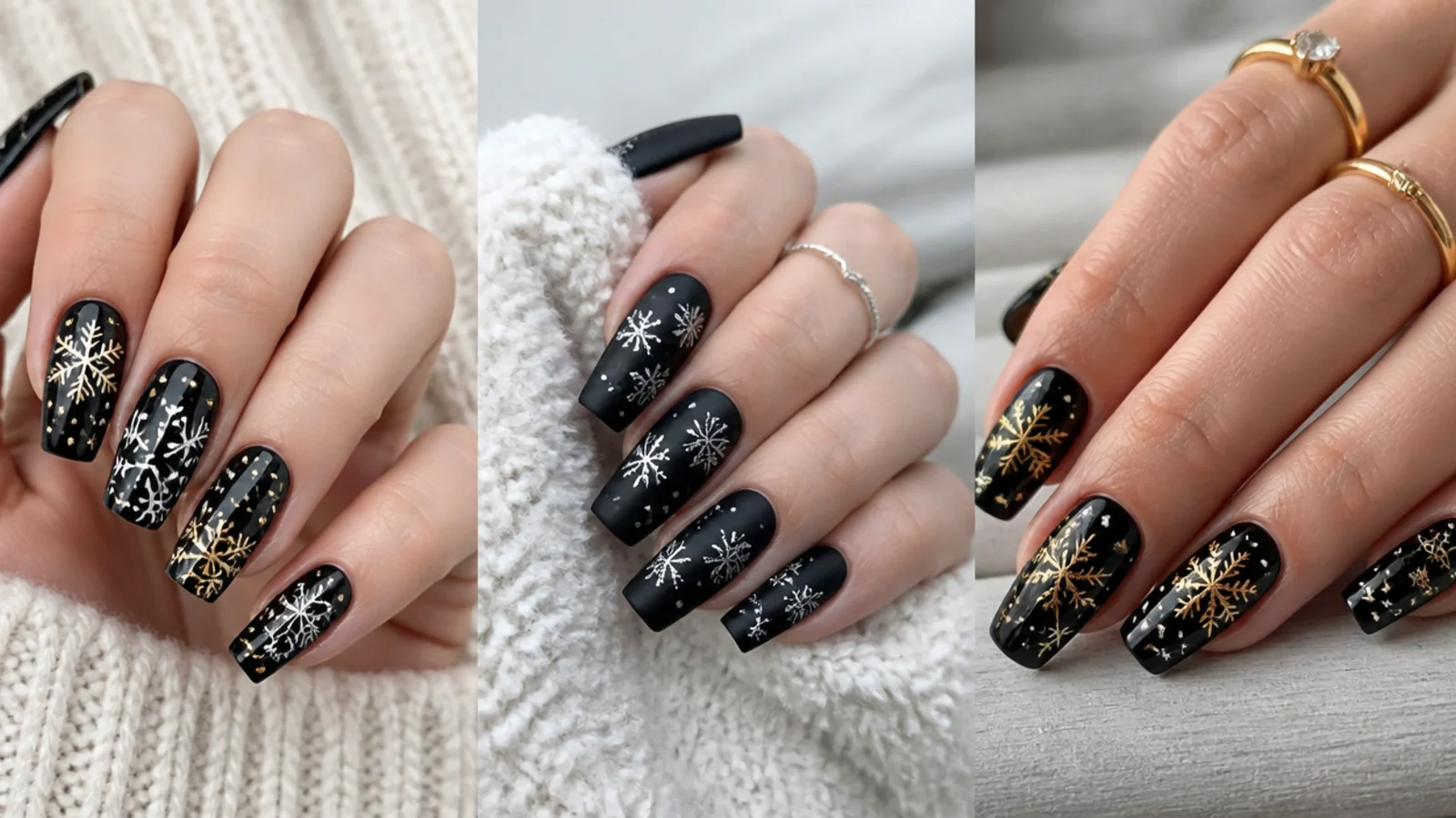 Black nails styled with white, silver and gold snowflakes for different looks