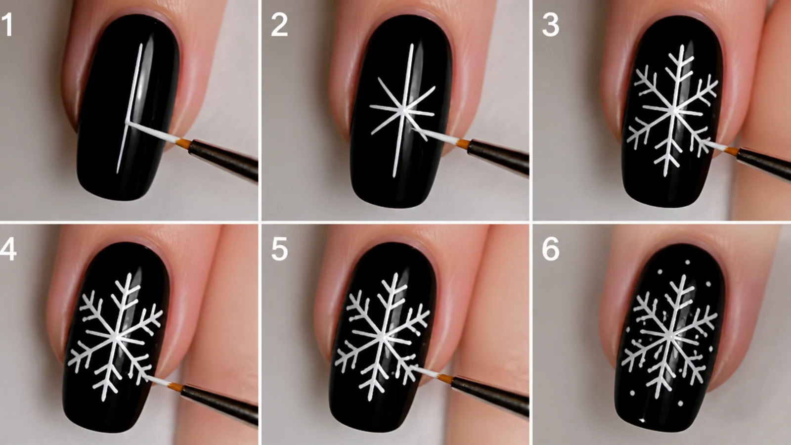 A fine detail brush drawing a white snowflake on a black nail step by step