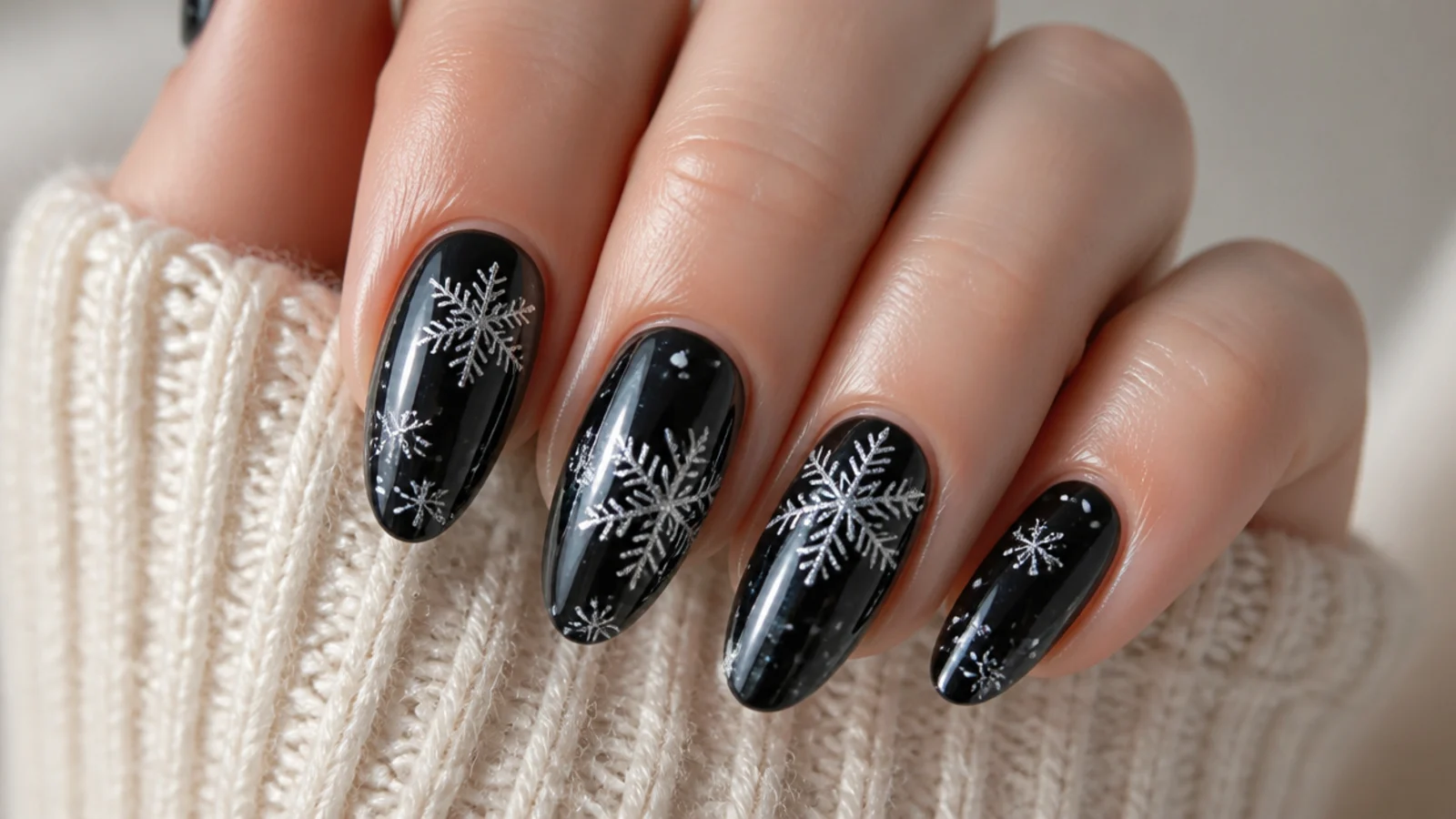 A well-sealed black snowflake gel manicure with cuticle oil for longevity