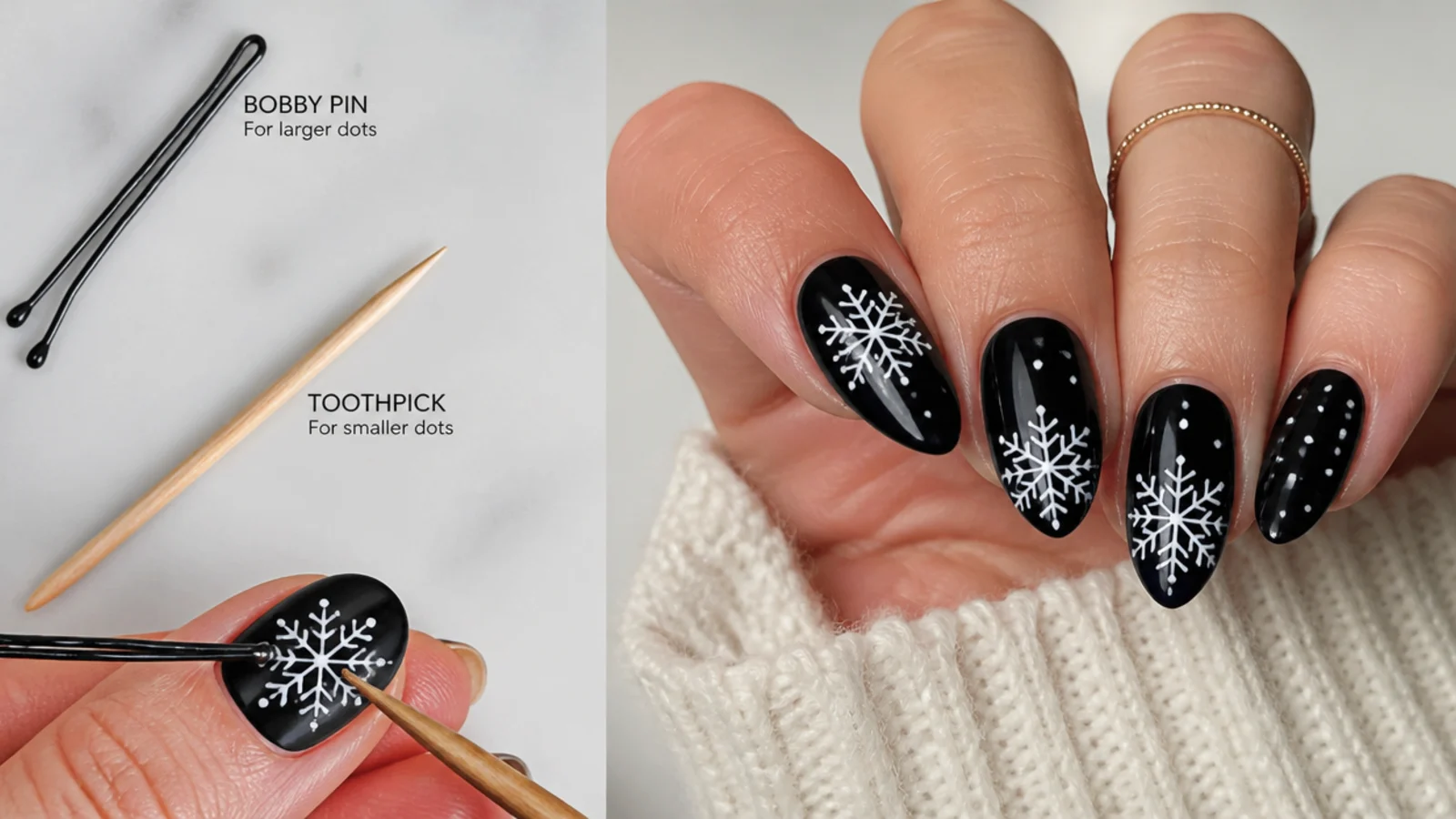 A bobby pin and toothpick used to dot a white snowflake on a black nail