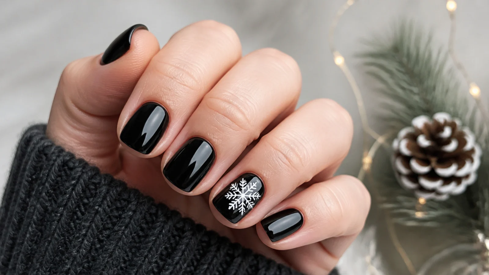 Short black nails with one white accent snowflake on the ring finger