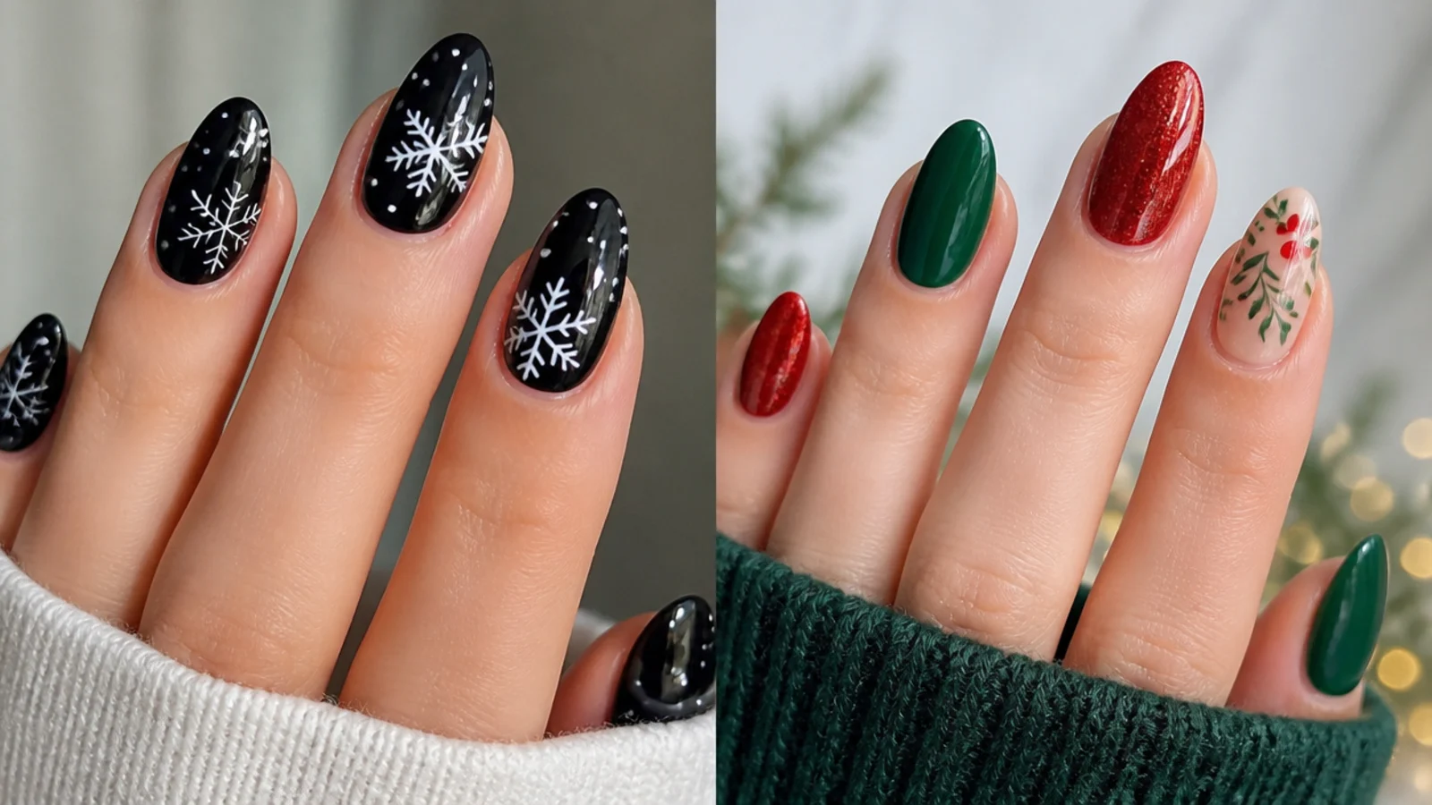 Black snowflake nails beside a red-and-green Christmas nail set for comparison