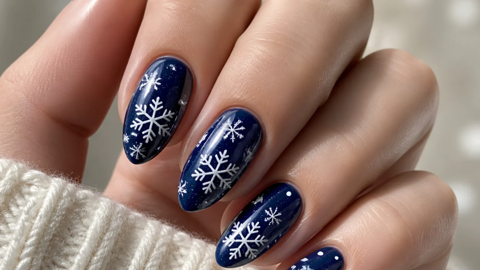 Navy blue snowflake nails with crisp white flakes and scattered dots