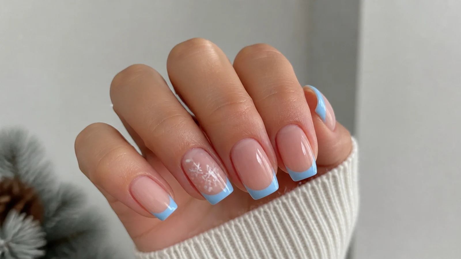 Baby blue French tip nails with a small white snowflake accent