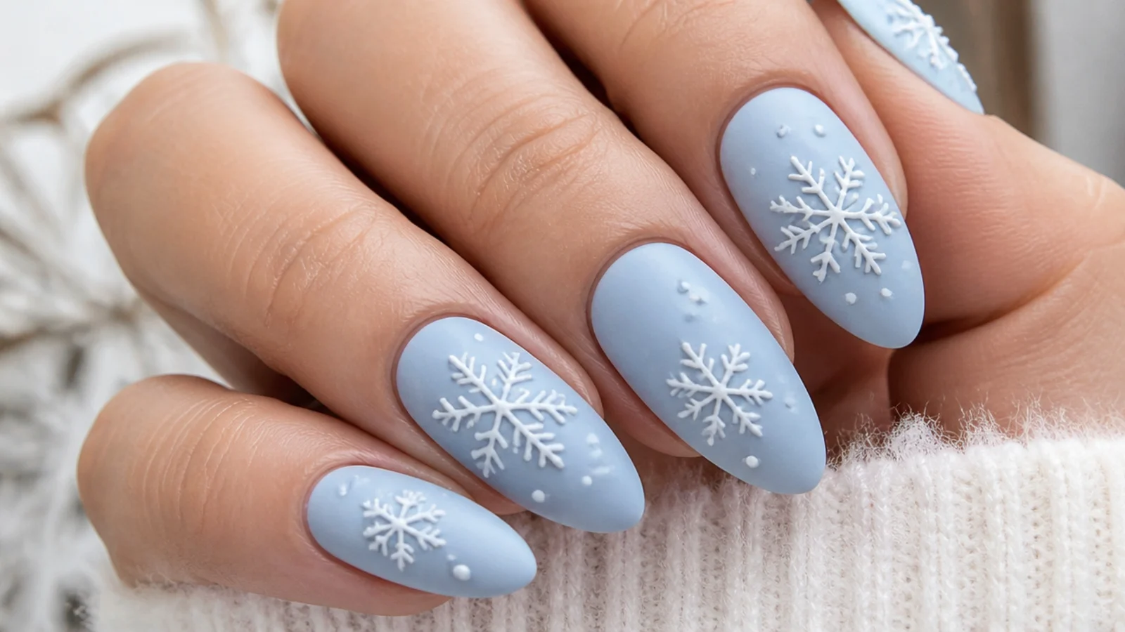 Matte icy blue snowflake nails with glossy white raised flakes