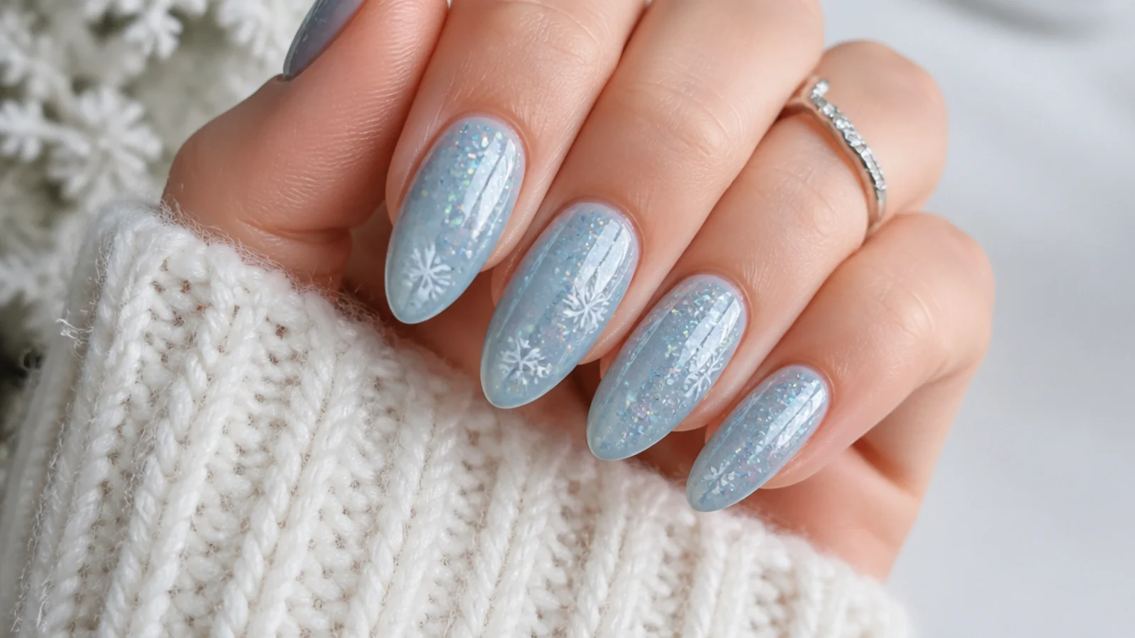 Icy blue nails scattered with iridescent flakes and white snowflakes