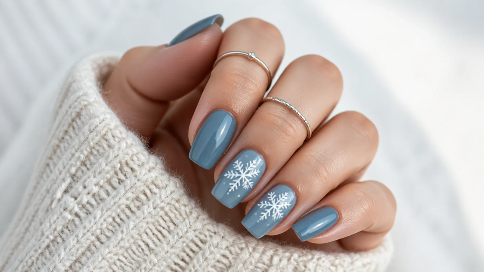 Muted denim blue nails with soft white snowflakes and a cozy tone