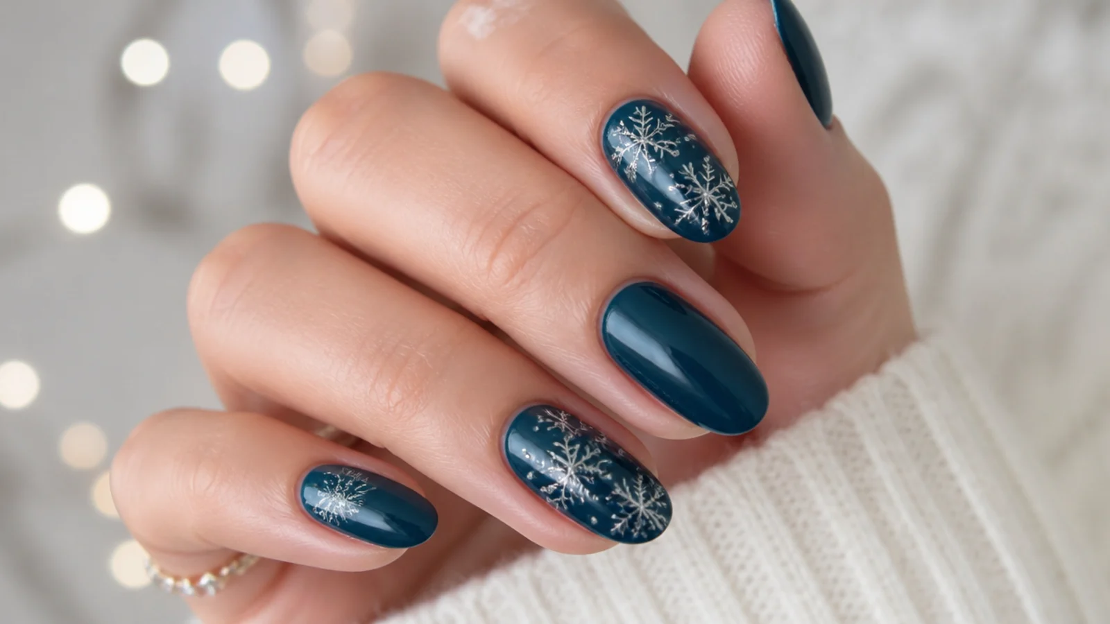 Teal-blue nails with silver snowflakes and a jewel-toned finish