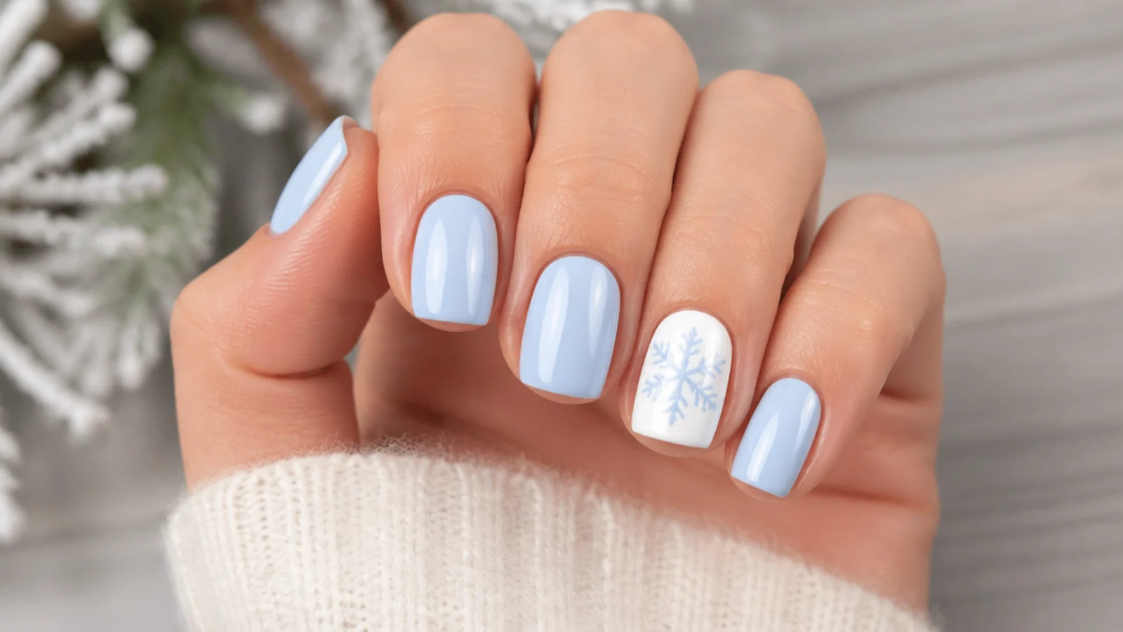 Short icy blue nails with one white snowflake accent nail