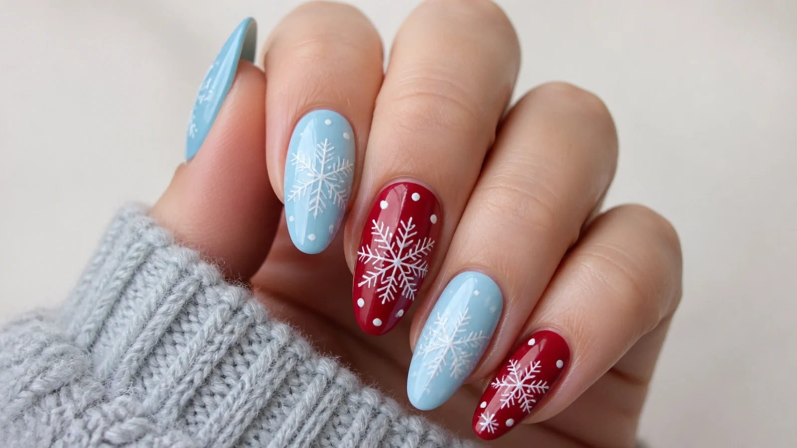 Icy blue and red nails with white snowflakes for a festive mix