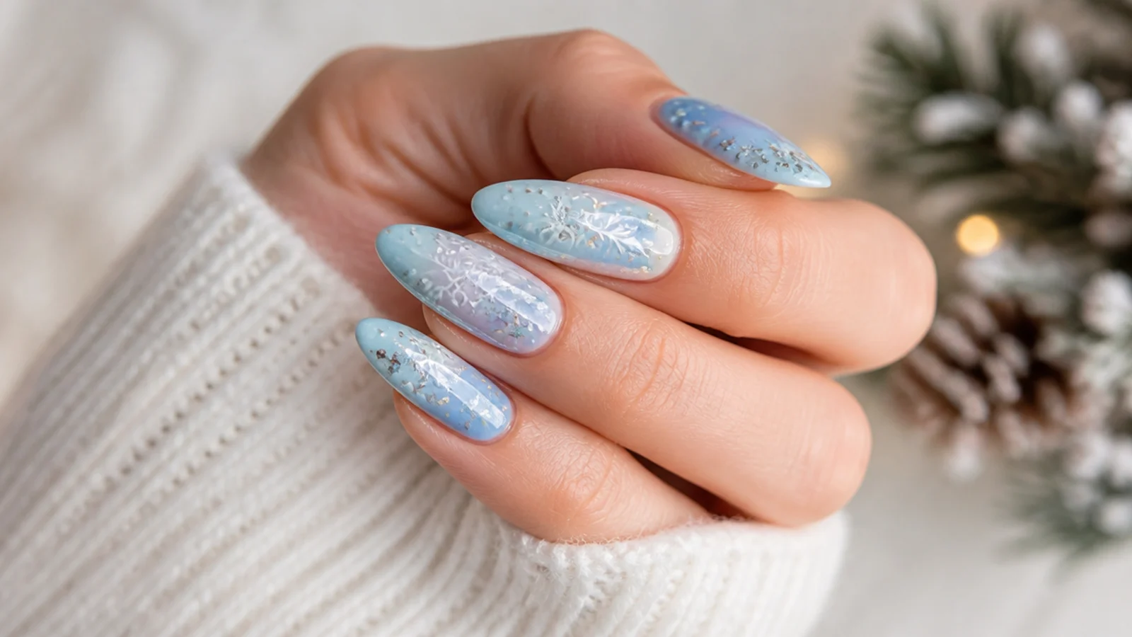 Icy blue snowflake nails with white and silver flakes on an almond shape