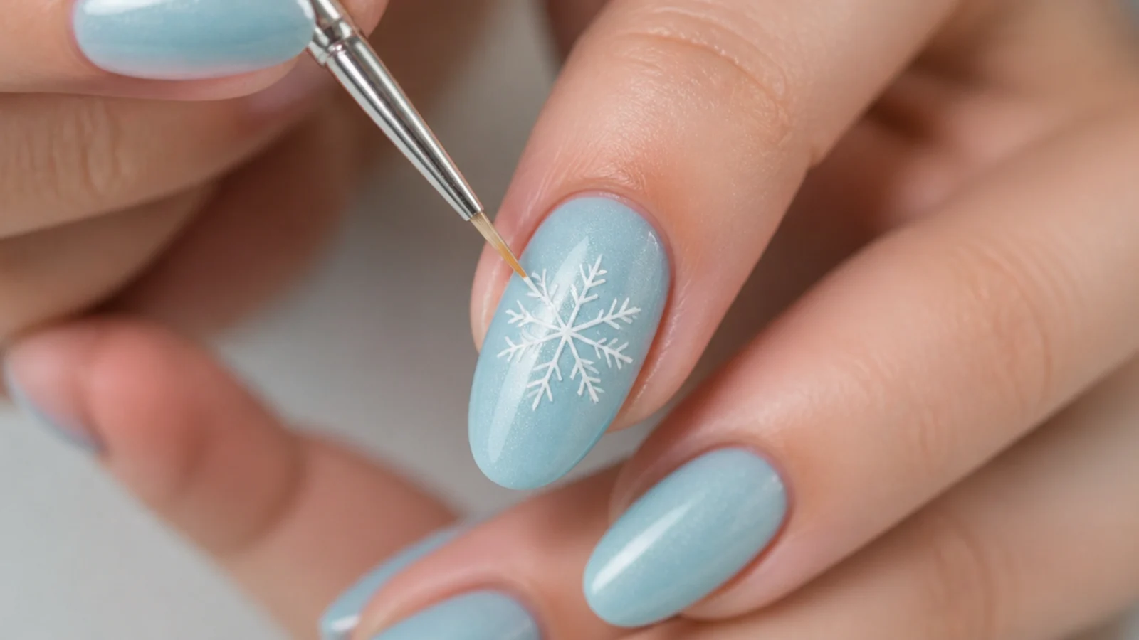 A fine brush drawing a six-arm white snowflake on an icy blue nail