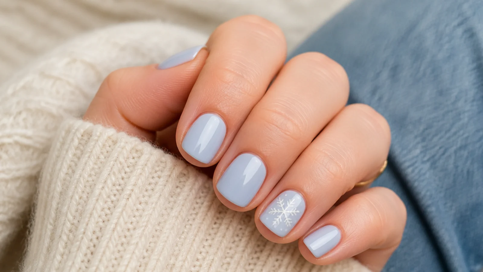 Short icy blue nails with a single white snowflake accent nail