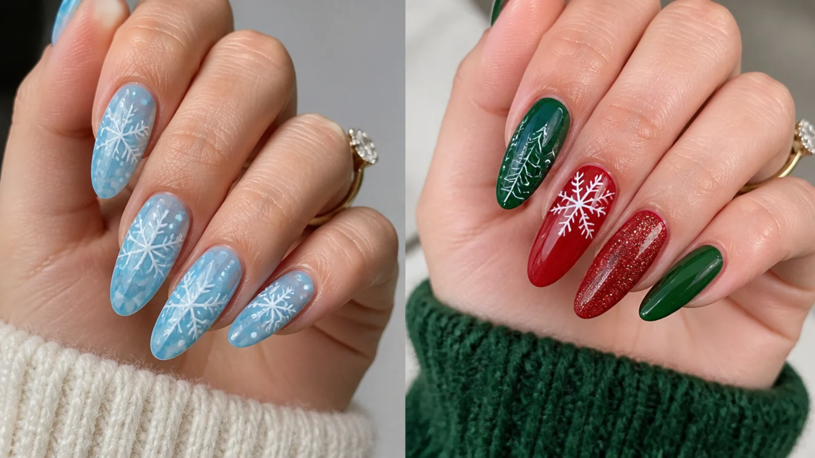 Icy blue snowflake nails beside red and green Christmas nails