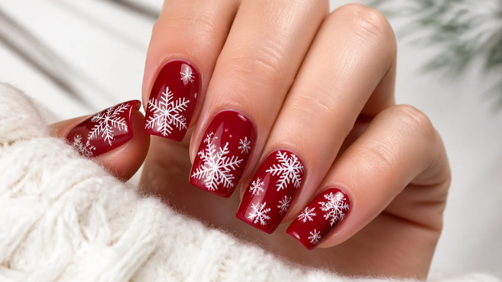 White snowflakes over a glossy red base on square Christmas nails
