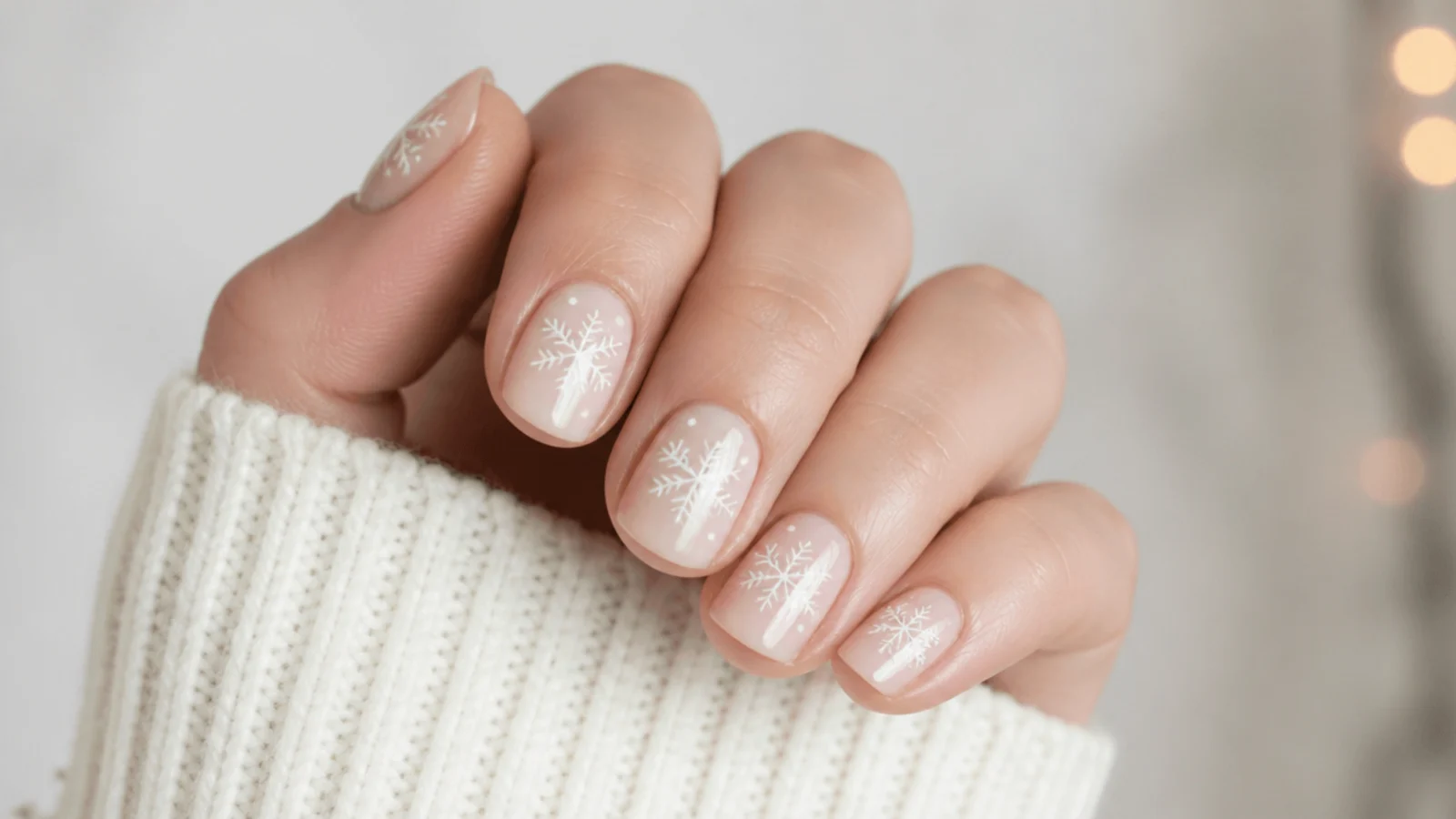 Fine white snowflakes over a milky nude base on short work-friendly nails