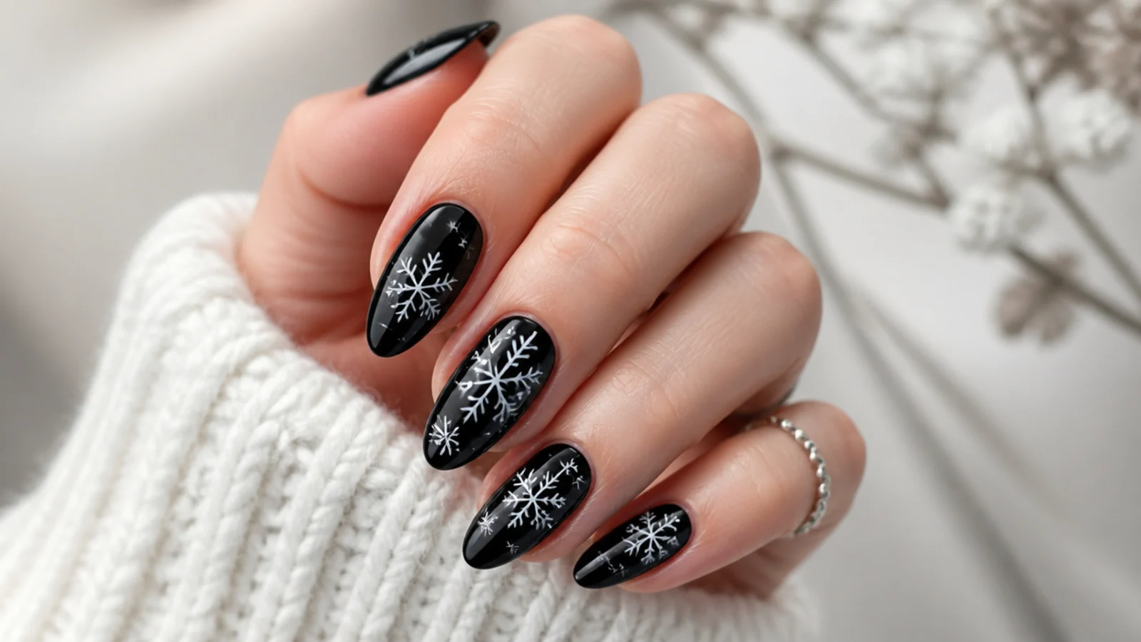 White snowflakes over a glossy black base on almond nails
