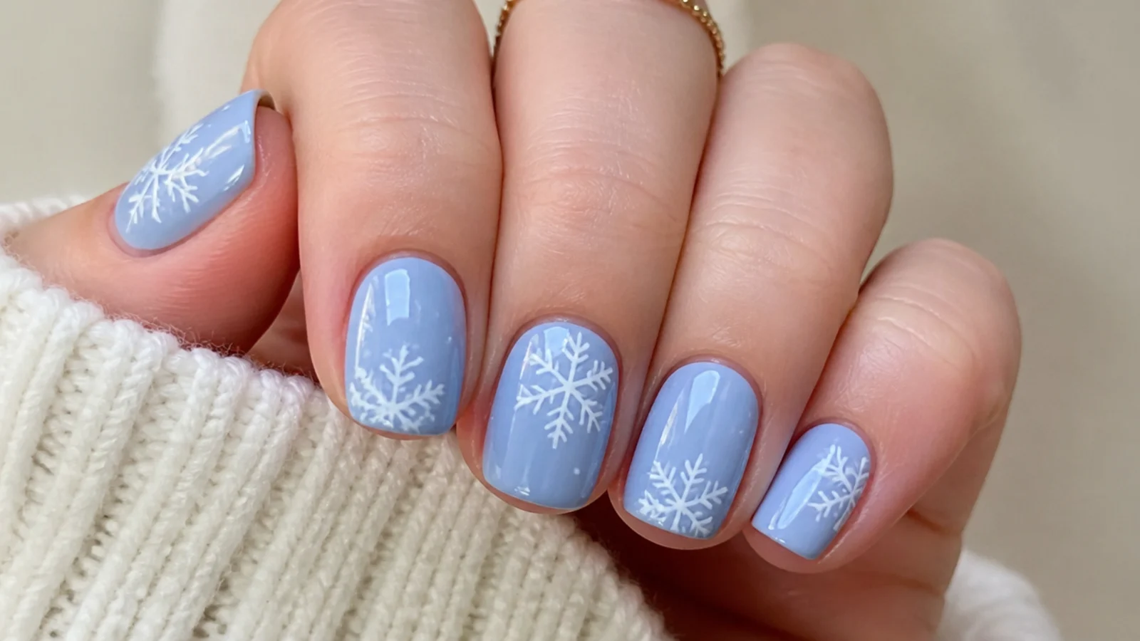 White snowflakes over a soft powder blue base on short round nails