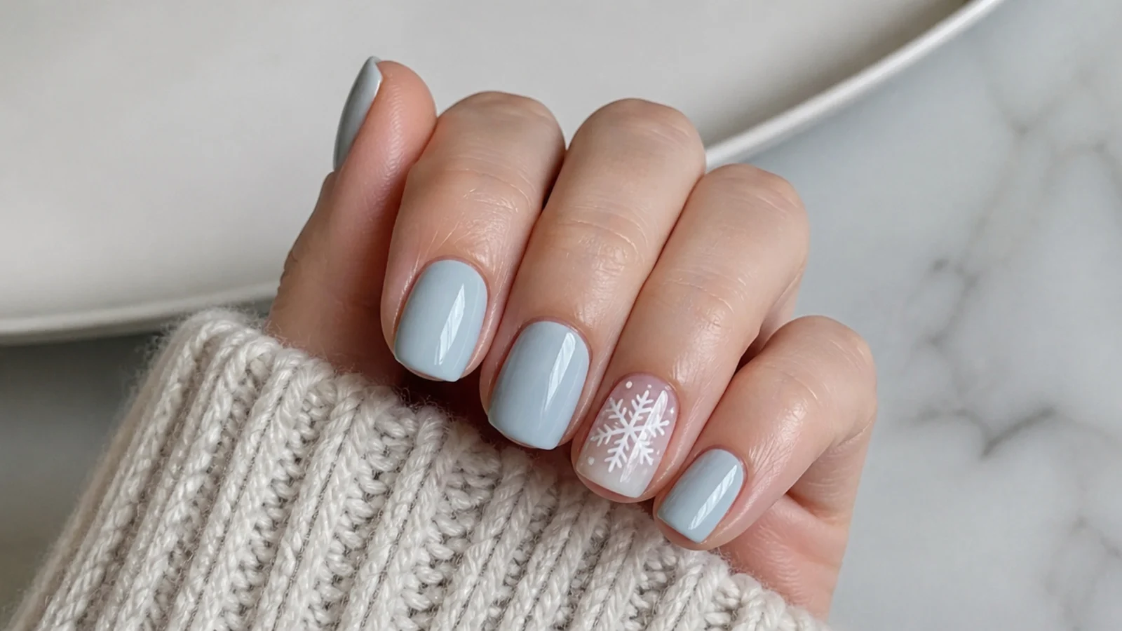 One white snowflake accent nail among solid icy blue short nails