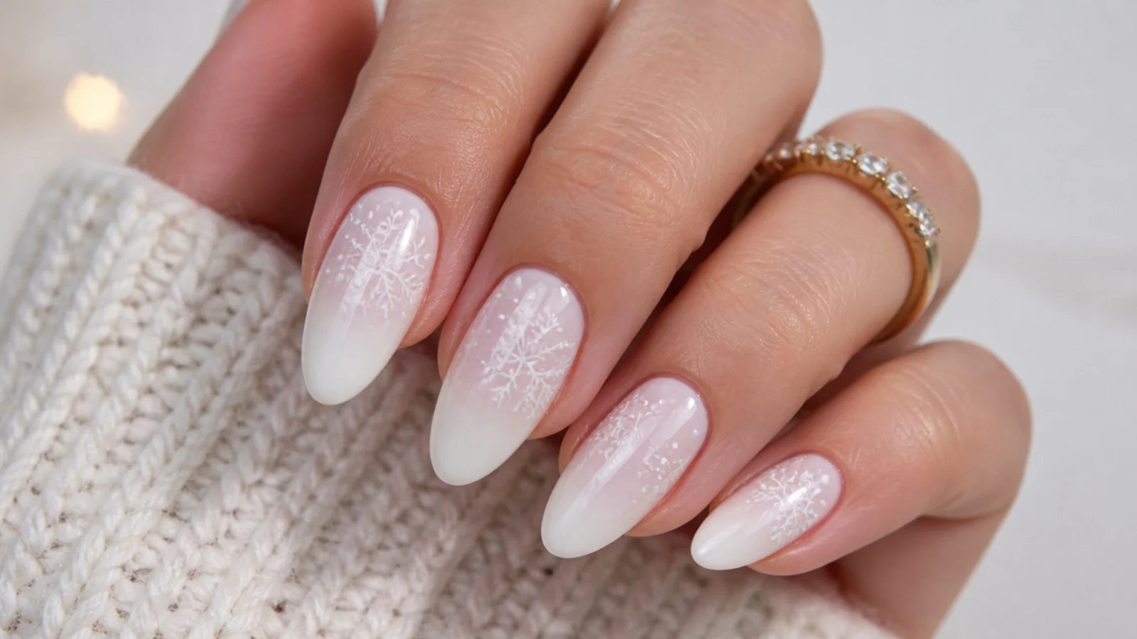 White-on-white tonal snowflakes over a milky base on almond nails
