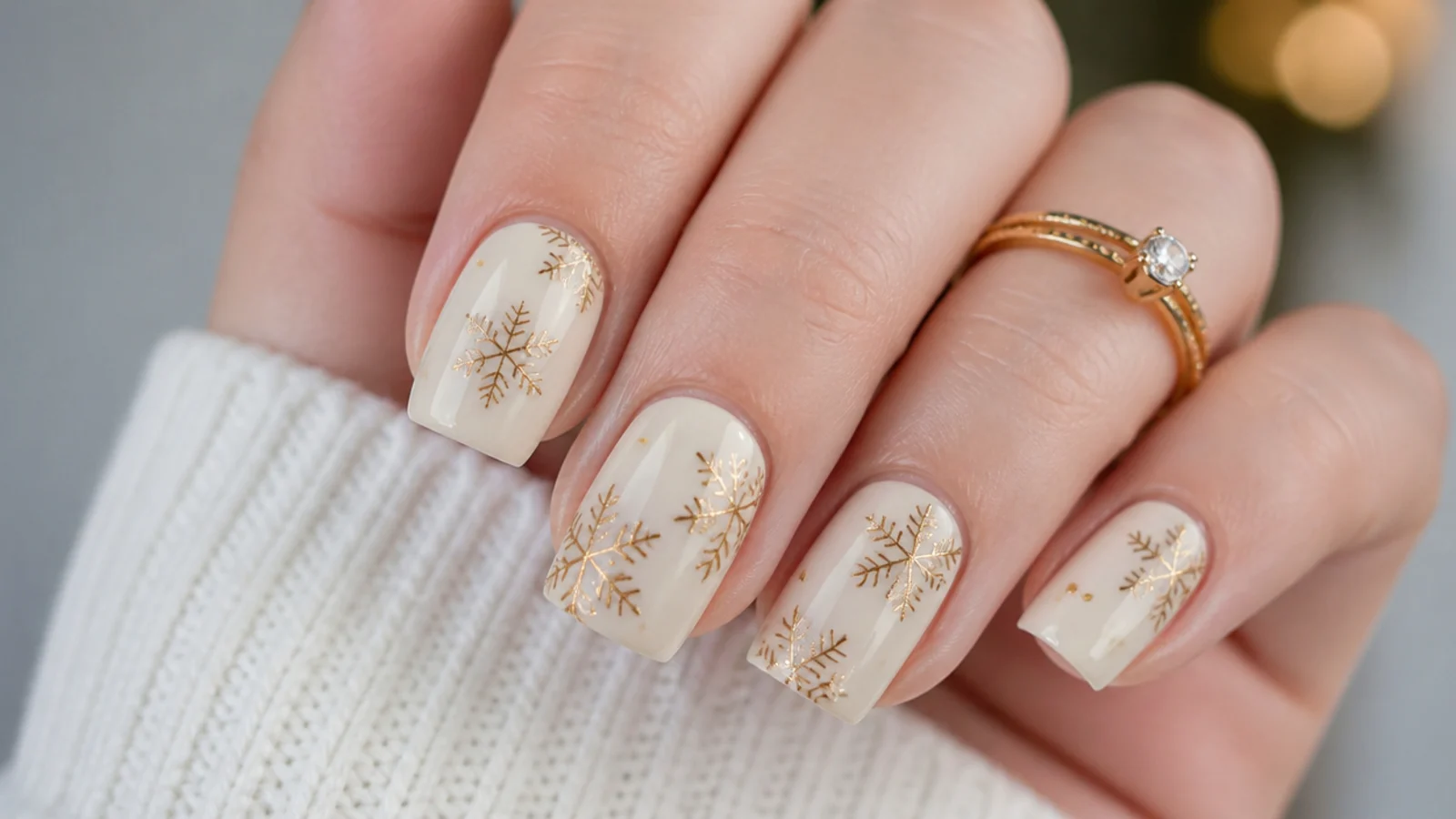 Gold snowflakes over a warm cream base on square nails