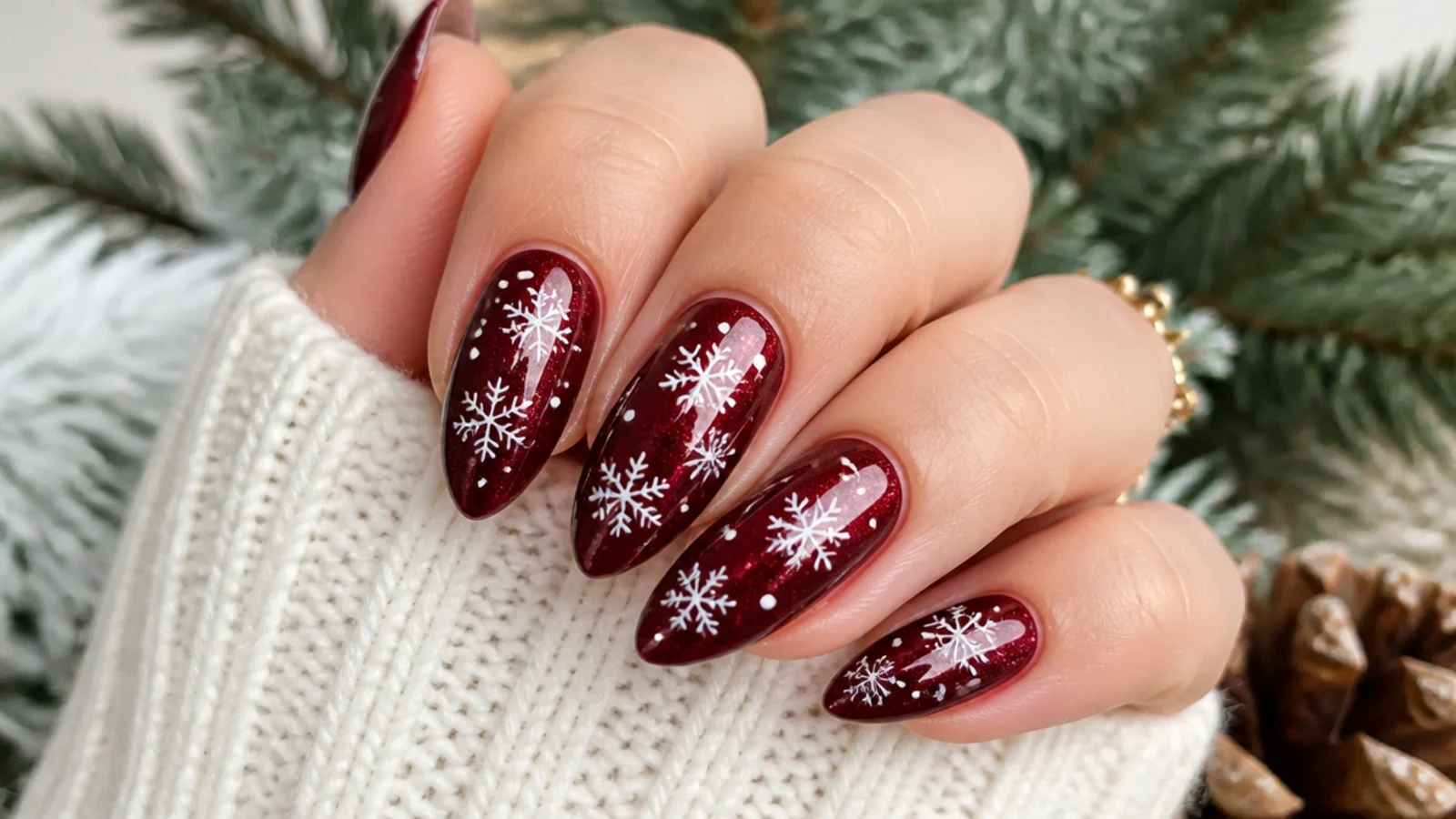 White snowflakes over a deep burgundy base on almond winter nails