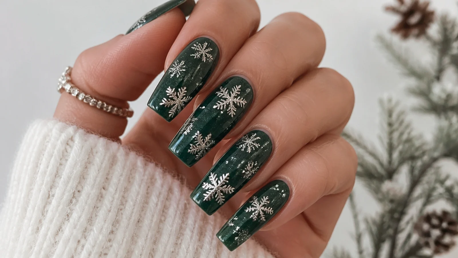 Silver snowflakes over a deep emerald green base on coffin nails
