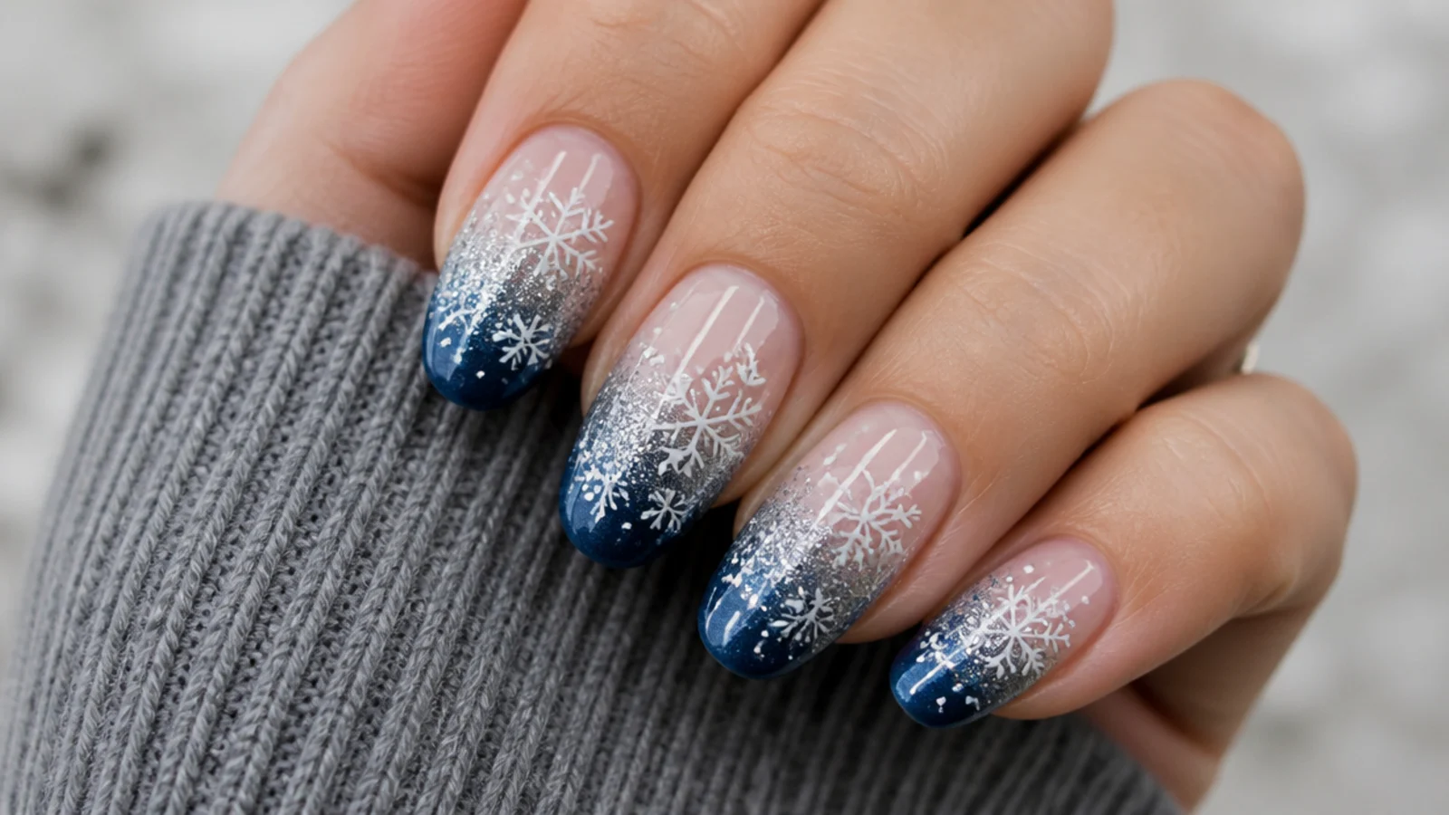 White snowflakes over a blue to silver glitter ombre on almond nails