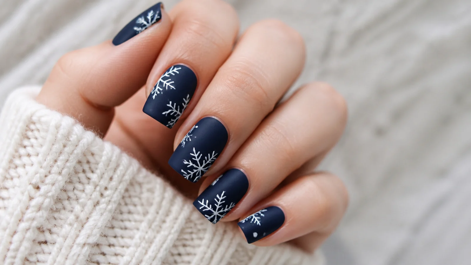 Matte white snowflakes over a matte navy base on square nails